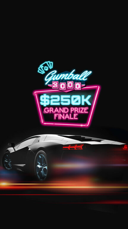 Gumball car driving under the sign of the Grand Prize Finale