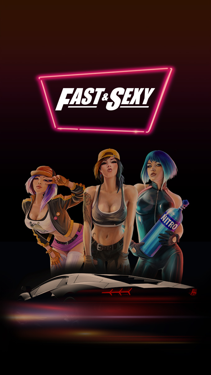 Main characters of the Fast and Sexy slot game with the Ignition and Gumball 3000 car.