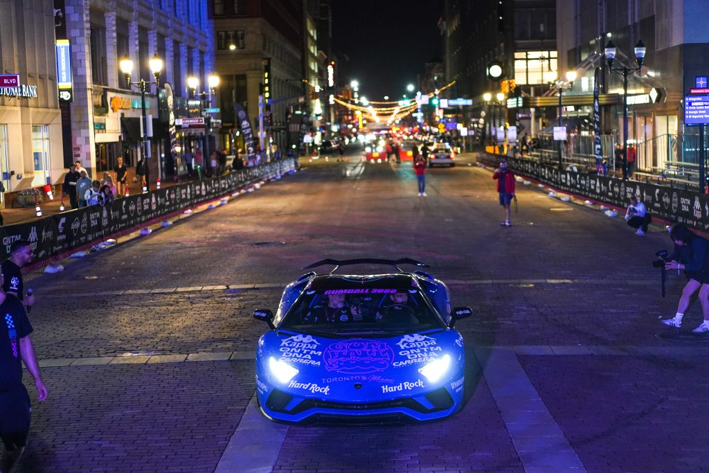 Gumball rally car in Indianapolis at night